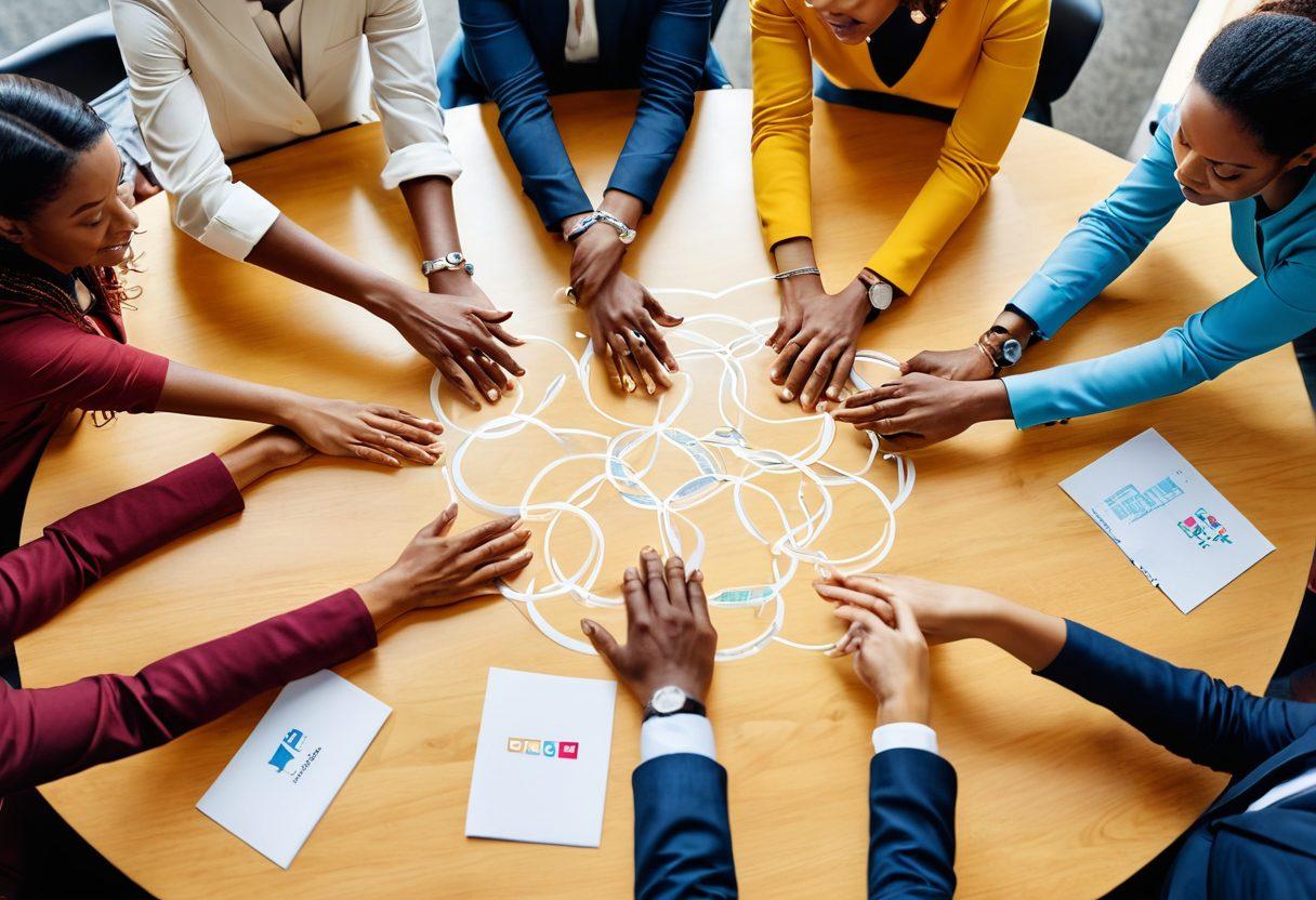 A diverse group of nonprofit leaders gathered around a large table, engaged in a dynamic discussion, with visuals of interconnected communities and impactful projects in the background. Include symbols of unity and collaboration, such as linked hands or overlapping circles, while showcasing a vibrant and hopeful atmosphere. super-realistic. vibrant colors. soft lighting.