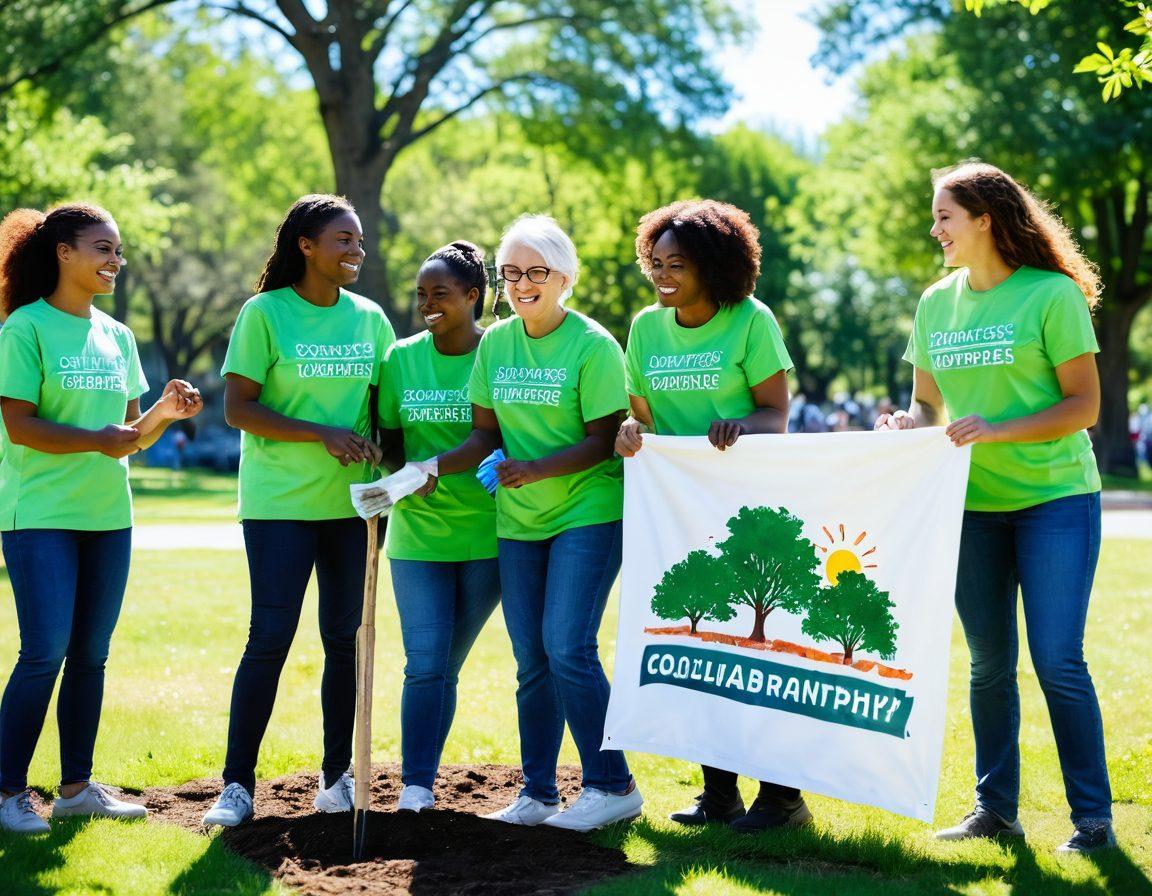 A diverse group of volunteers collaborating in a sunny park, planting trees and painting murals, radiating enthusiasm and teamwork. In the background, a banner reading 'Collaborative Philanthropy' waves in the breeze. Include elements of nature, community engagement, and smiles to convey hope and connection. vibrant colors. soft focus. natural lighting.
