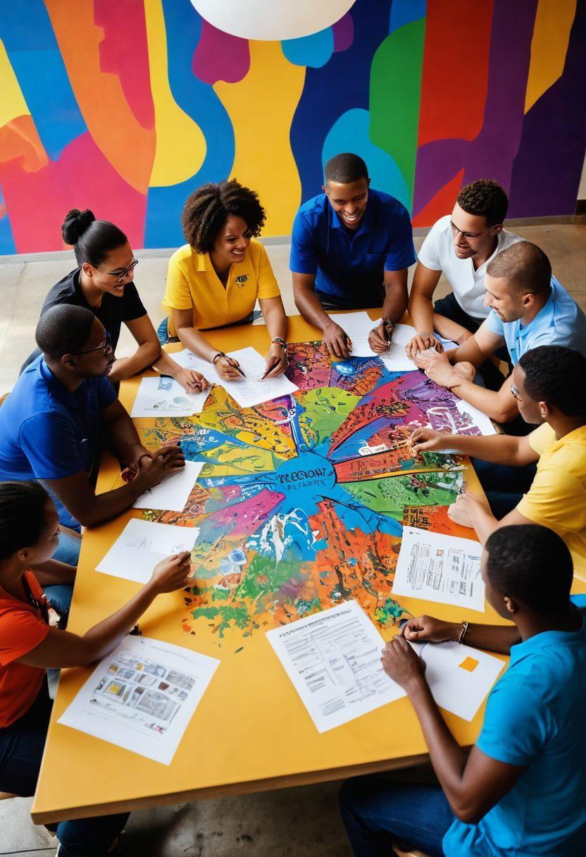 A vivid scene depicting a diverse group of community leaders and volunteers working together around a large table, brainstorming ideas for a nonprofit initiative. In the background, a vibrant mural symbolizes hope and collaboration, featuring various cultural elements. Include uplifting expressions, charts, and materials displayed around them, showcasing teamwork and empowerment. Use bright colors to evoke a sense of optimism and purpose. super-realistic. vibrant colors.